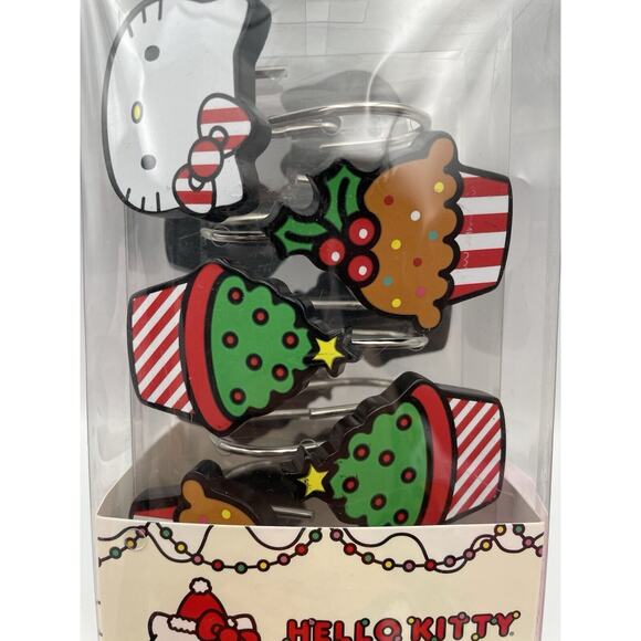 Hello Kitty Christmas Shower Curtain Hooks Red Green Trees Cupcakes Set Of 12 - Picture 2 of 8